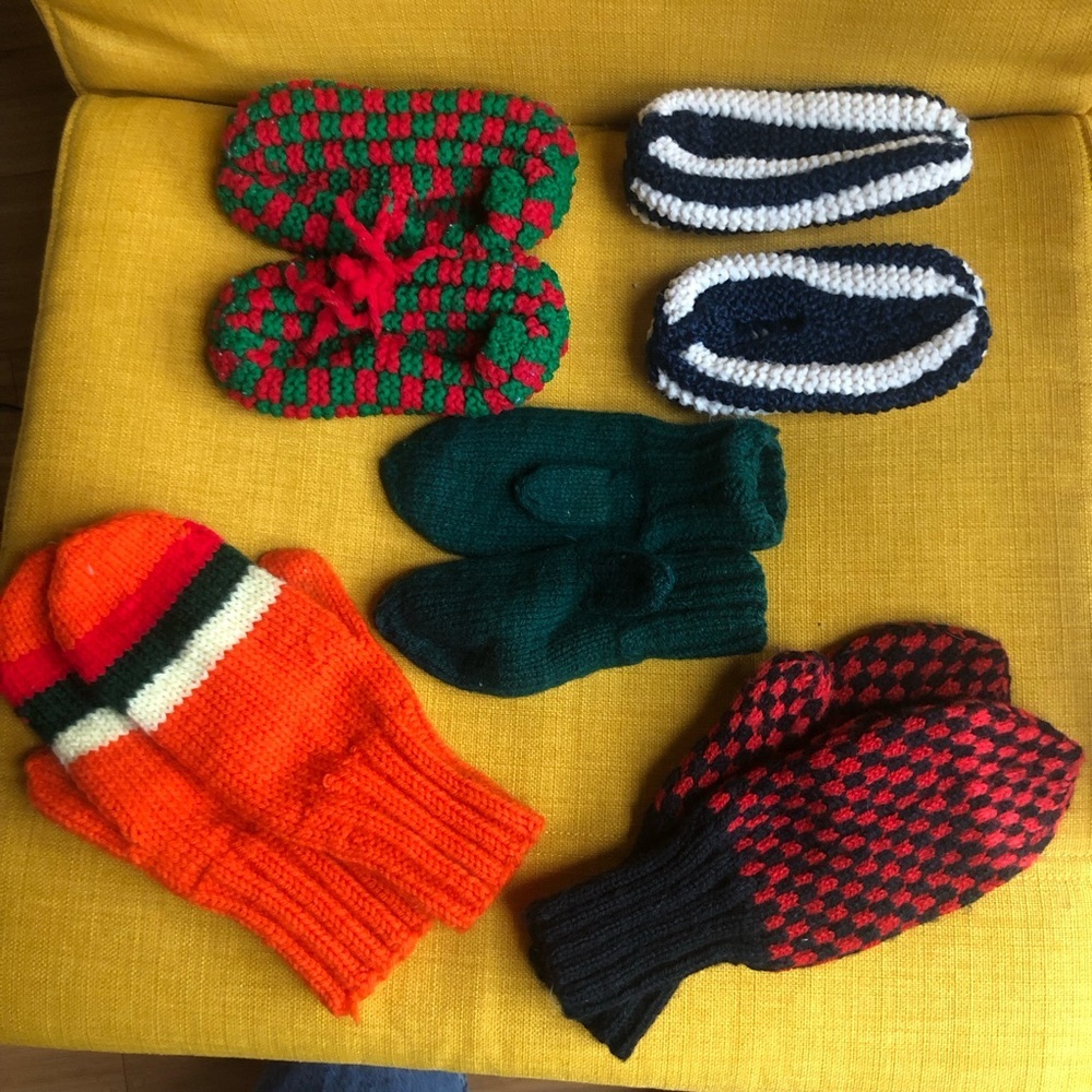 Handmade Wool Knit Mittens  Slippers Collection - Orange, Green, Red, and Black